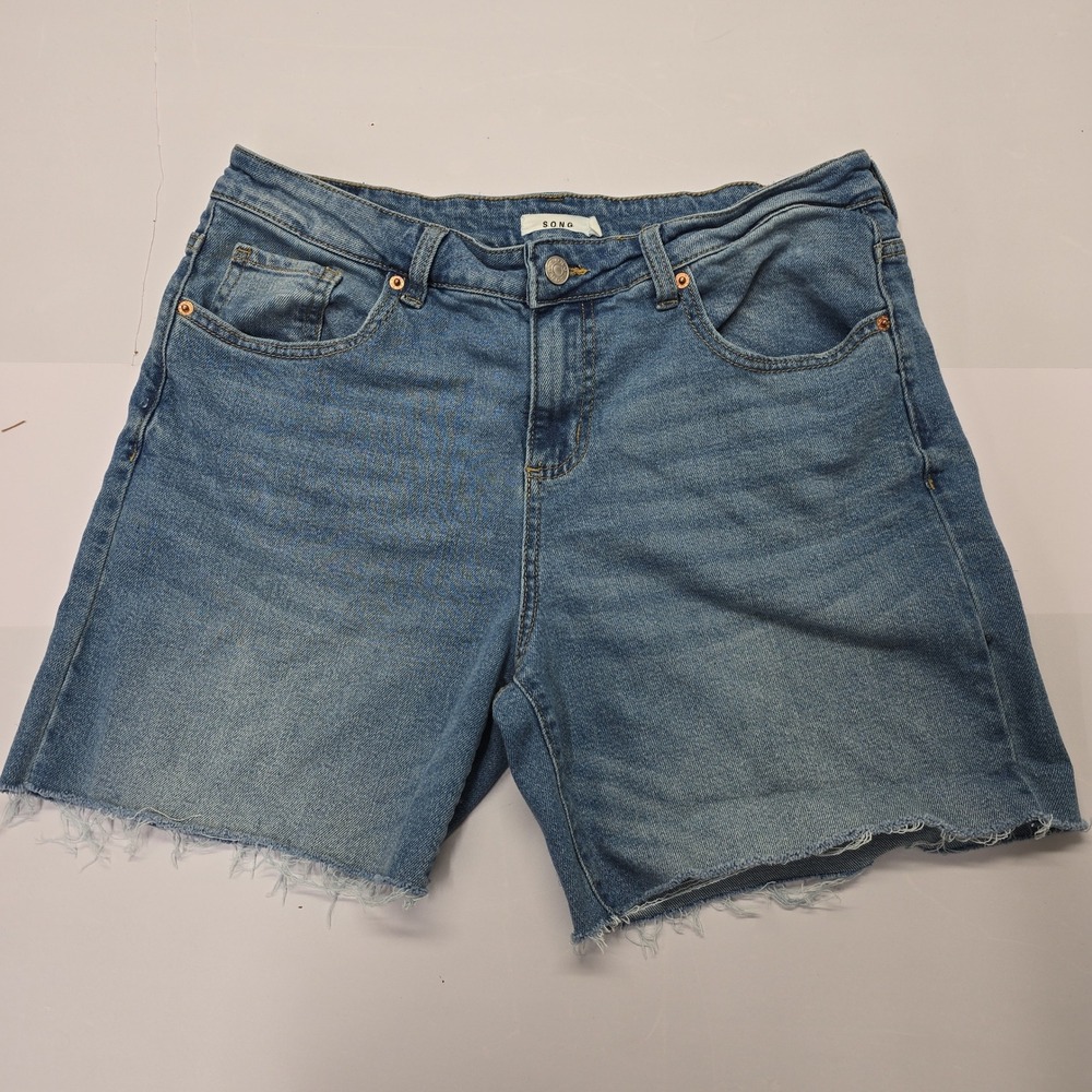SONG Women Blue Denim Jean Shorts Raw Hem Cutoff Size 9/29 Medium Wash High Rise